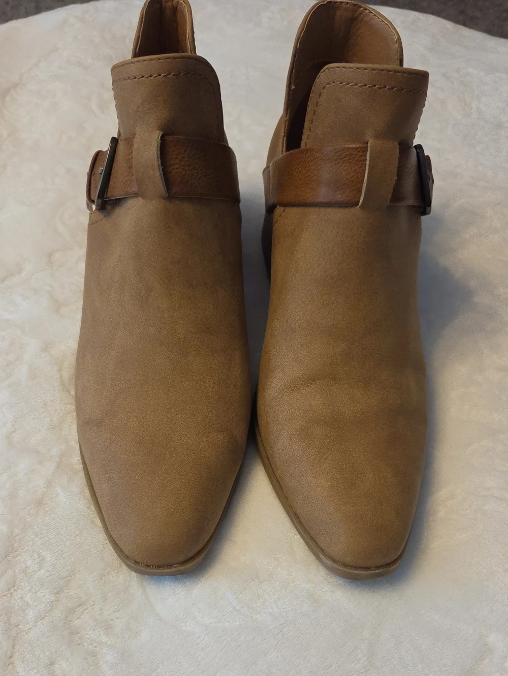 Wonderly Tan Faux-Suede Ankle Booties with Buckle Strap